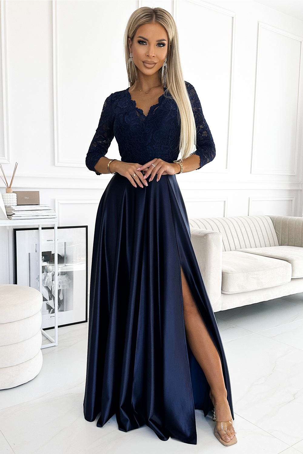 Sukienka Model Amber 309-7 Navy Satyna - Numoco188119 - Granatowy