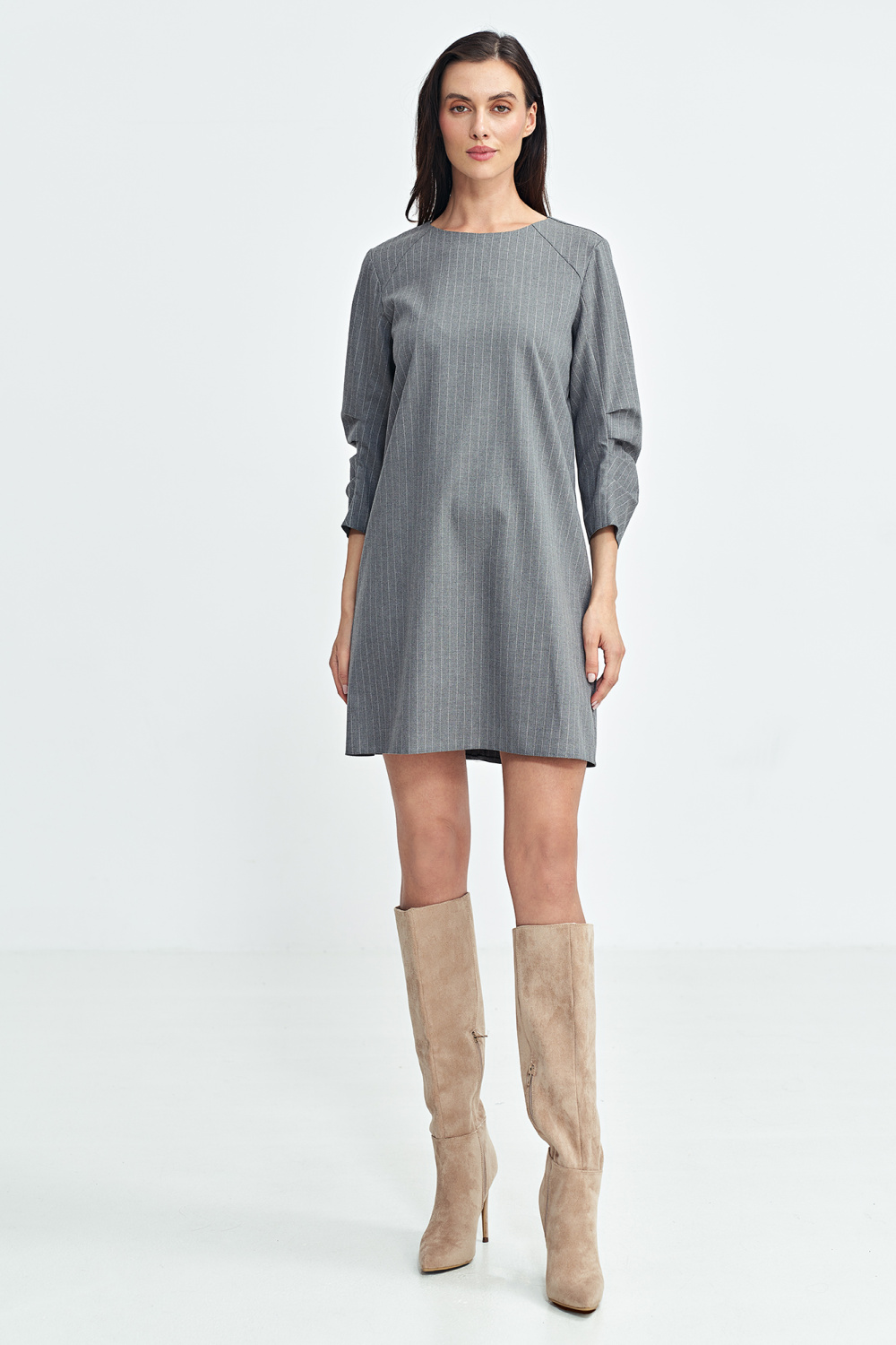 Sukienka z zakładkami na rękawach prążek S262 Grey - Nife200393 - Szary - obrazek 2