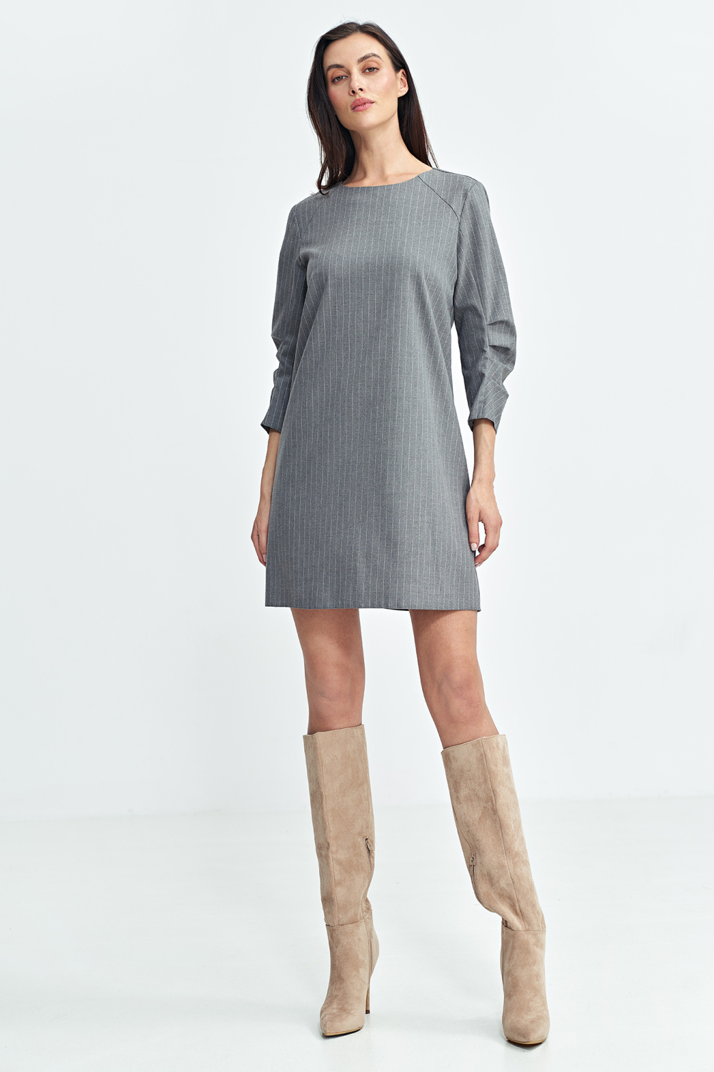 Sukienka z zakładkami na rękawach prążek S262 Grey - Nife200393 - Szary - obrazek 4