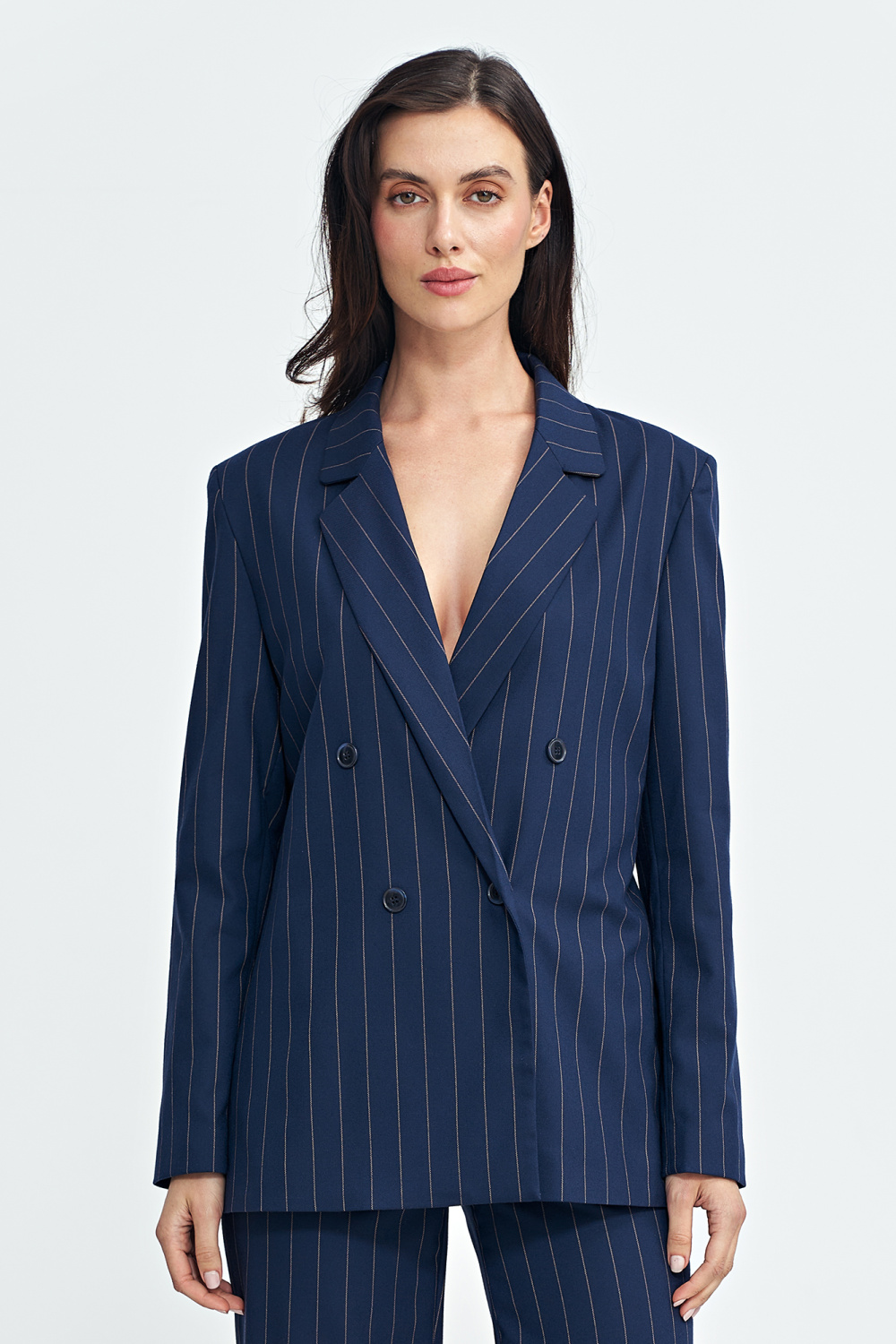 Marynarka oversize dwurzędowa prążek Z71 Navy - Nife200396 - Granatowy
