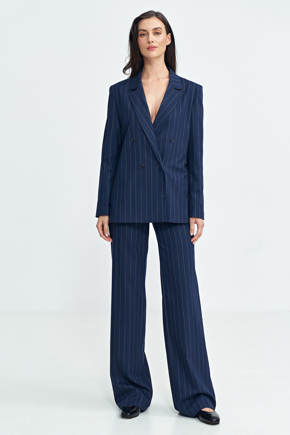 Marynarka oversize dwurzędowa prążek Z71 Navy - Nife200396 - Granatowy - obrazek 2