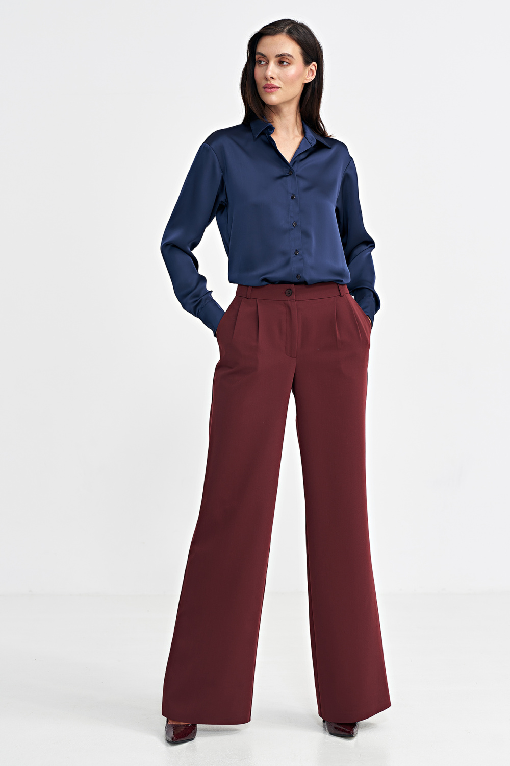 Spodnie z zakładkami wide leg SD102 Bordo - Nife202475 - Czerwony - obrazek 2