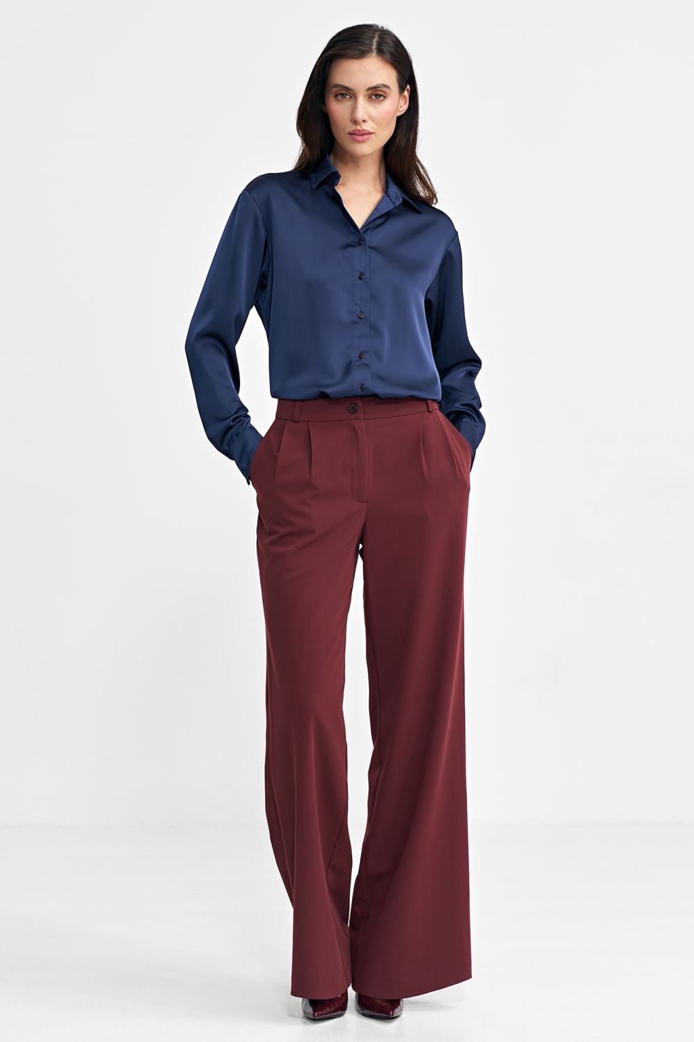 Spodnie z zakładkami wide leg SD102 Bordo - Nife202475 - Czerwony - obrazek 4
