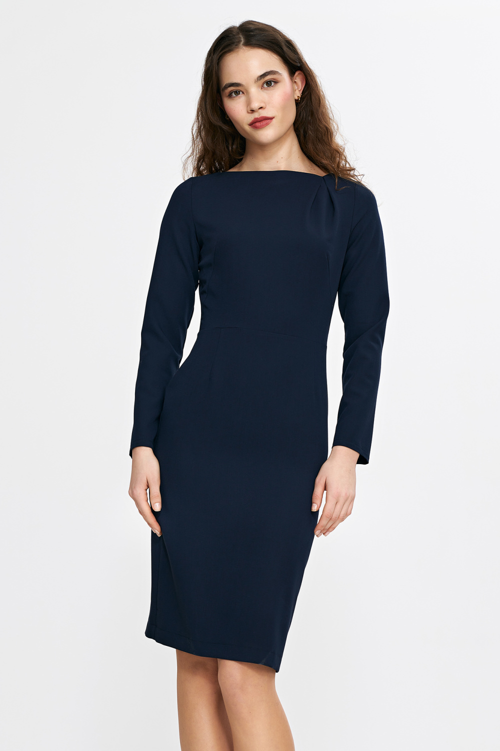 Sukienka z asymetryczną zakładką przy dekolcie S265 Navy - Nife210072 - Granatowy