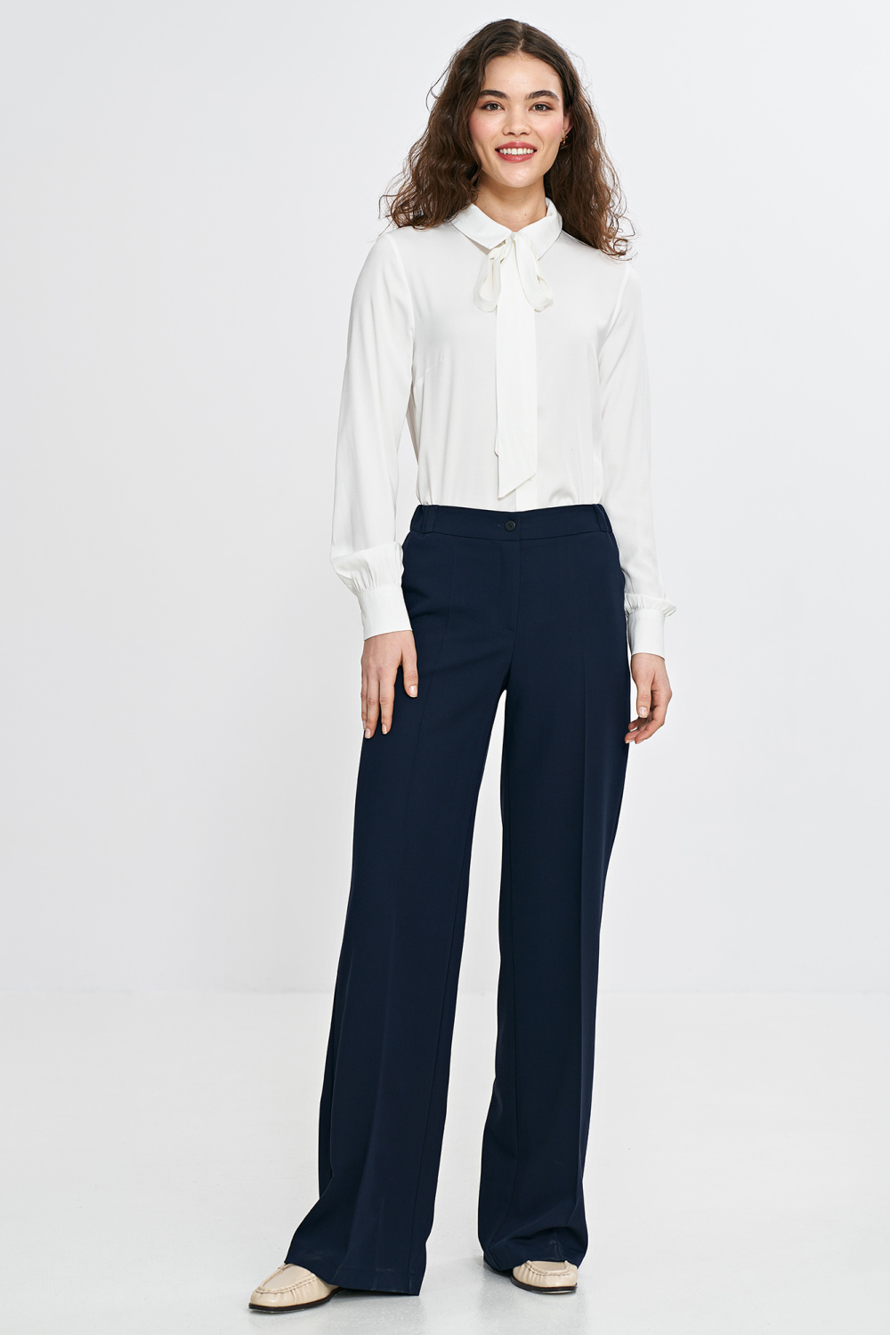 Spodnie wide leg z gumą w pasie SD113 Navy - Nife210083 - Granatowy - obrazek 2