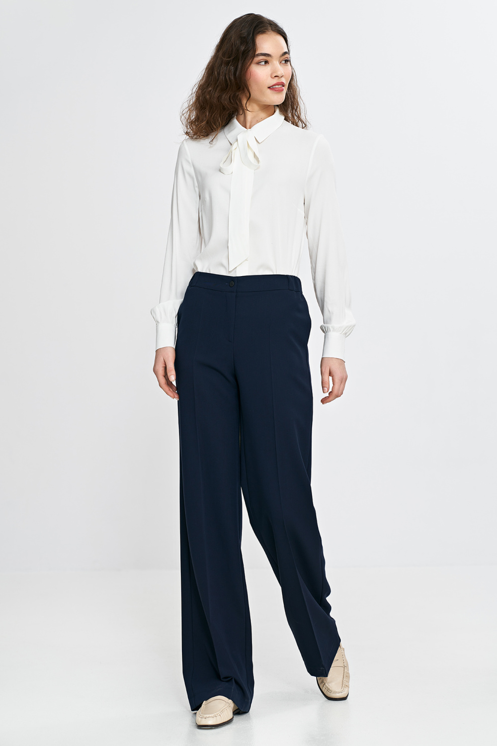 Spodnie wide leg z gumą w pasie SD113 Navy - Nife210083 - Granatowy - obrazek 4