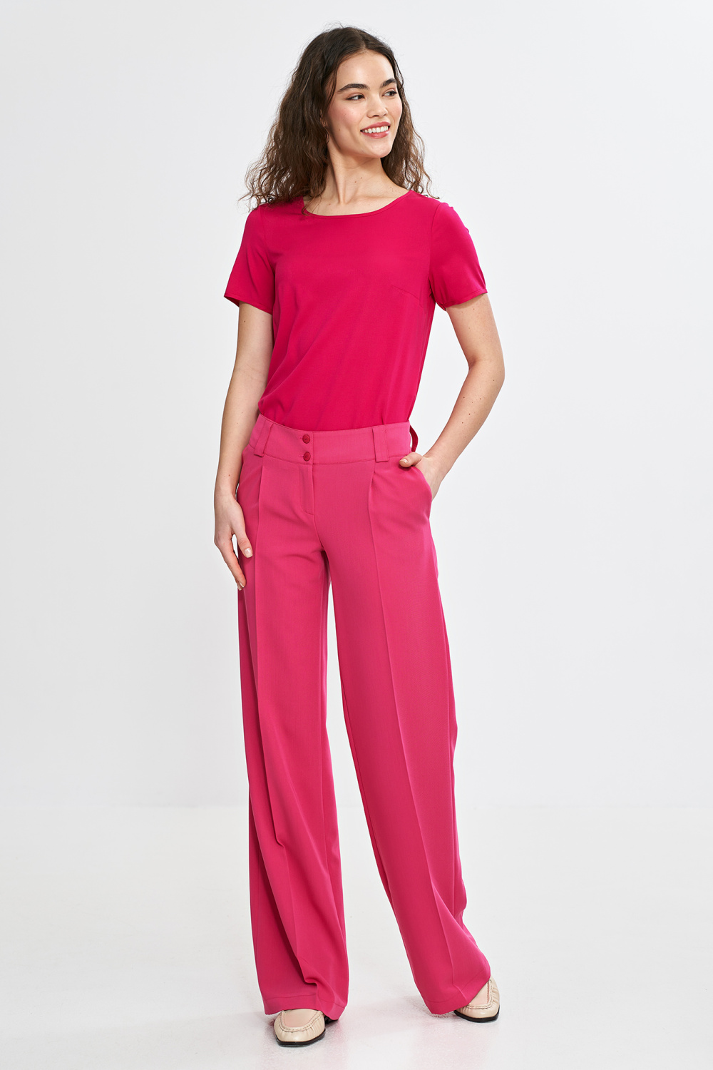 Spodnie wide leg z kantem SD112 Pink - Nife211814 - Różowy - obrazek 4