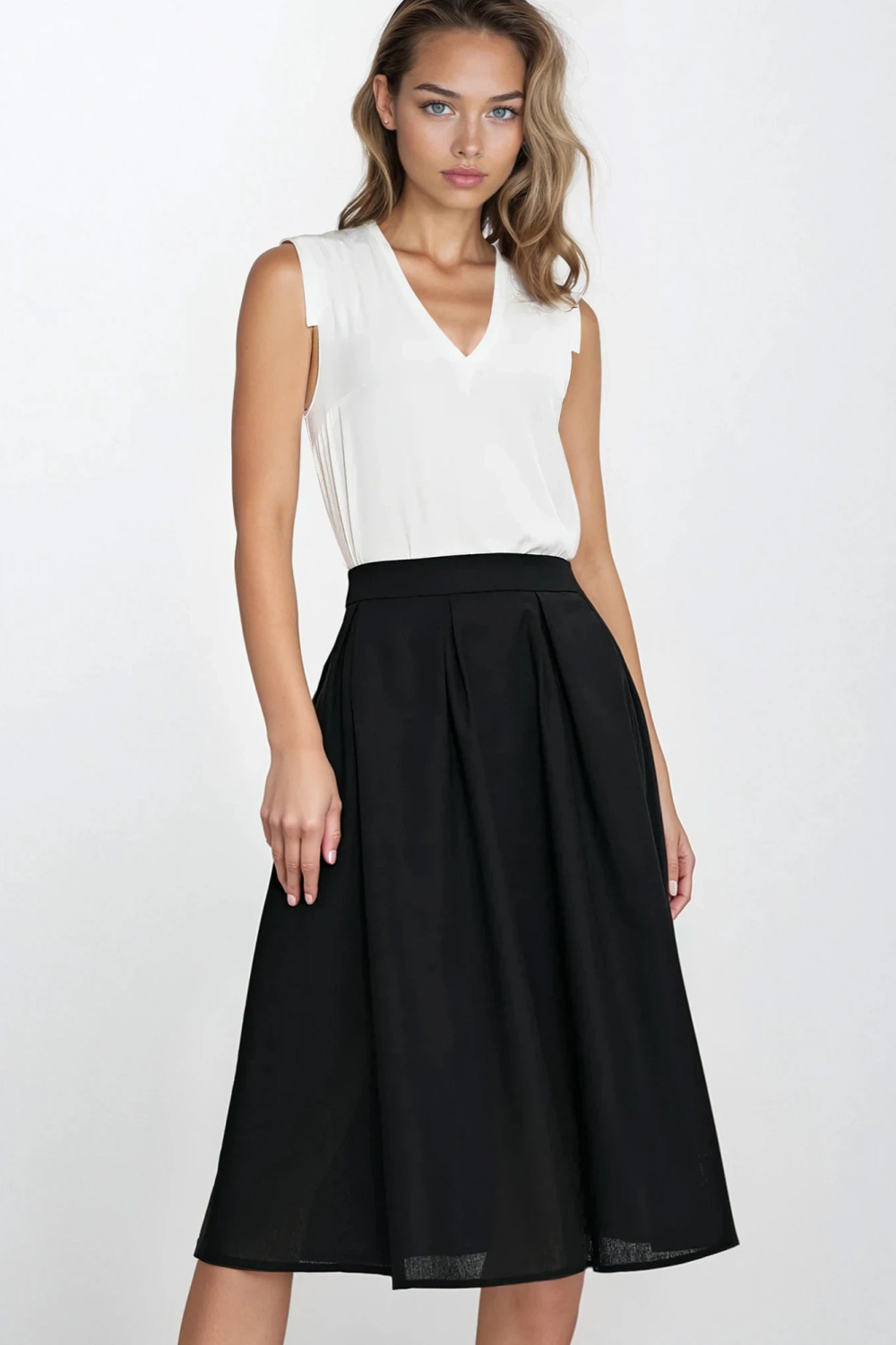 Spódnica midi z rayonu z zakładkami SP82 Black - Nife213972 - Czarny