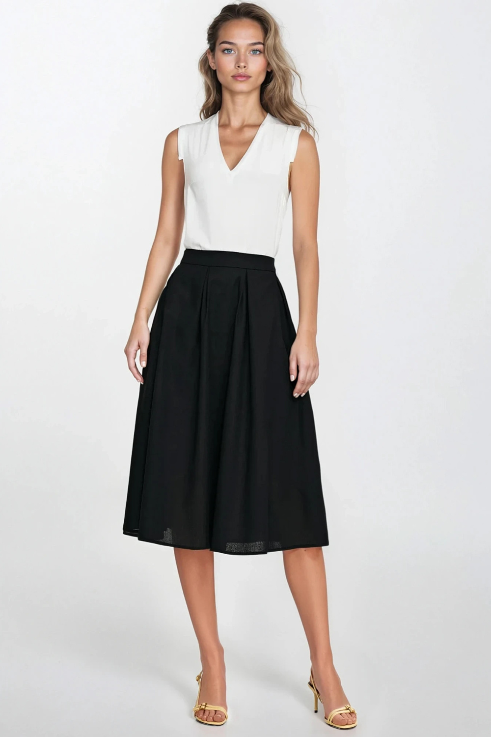 Spódnica midi z rayonu z zakładkami SP82 Black - Nife213972 - Czarny - obrazek 2