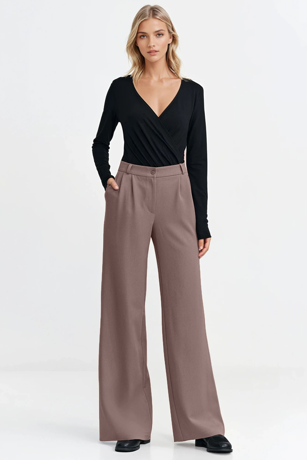 Spodnie z zakładkami wide leg SD127 Mocca - Nife217569 - Brązowy - obrazek 2