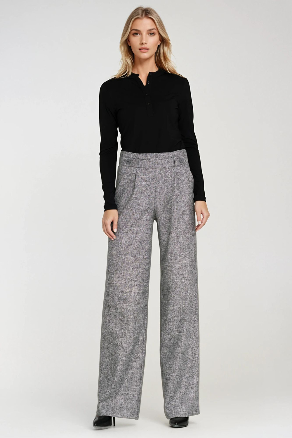 Spodnie wide leg z gumą w pasie i guzikami SD126 Grey Melange - Nife217591 - Szary - obrazek 2