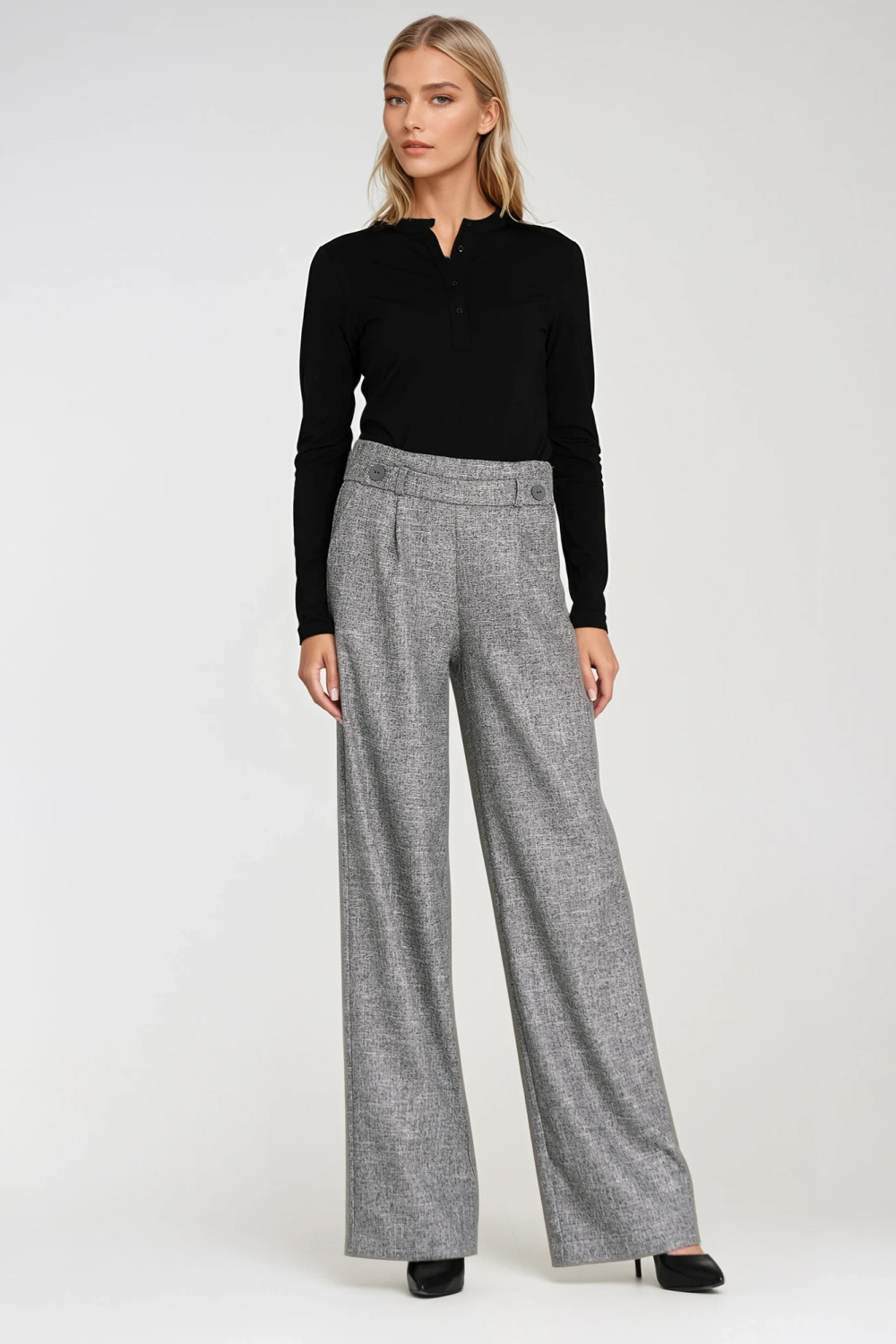 Spodnie wide leg z gumą w pasie i guzikami SD126 Grey Melange - Nife217591 - Szary - obrazek 4