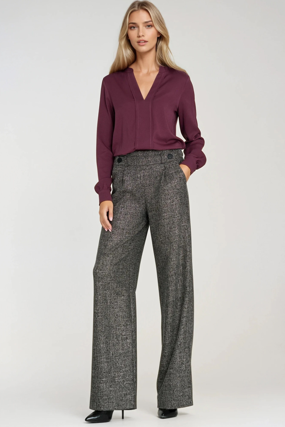 Spodnie wide leg z gumą w pasie i guzikami SD126 Black Melange - Nife217592 - Czarny - obrazek 2