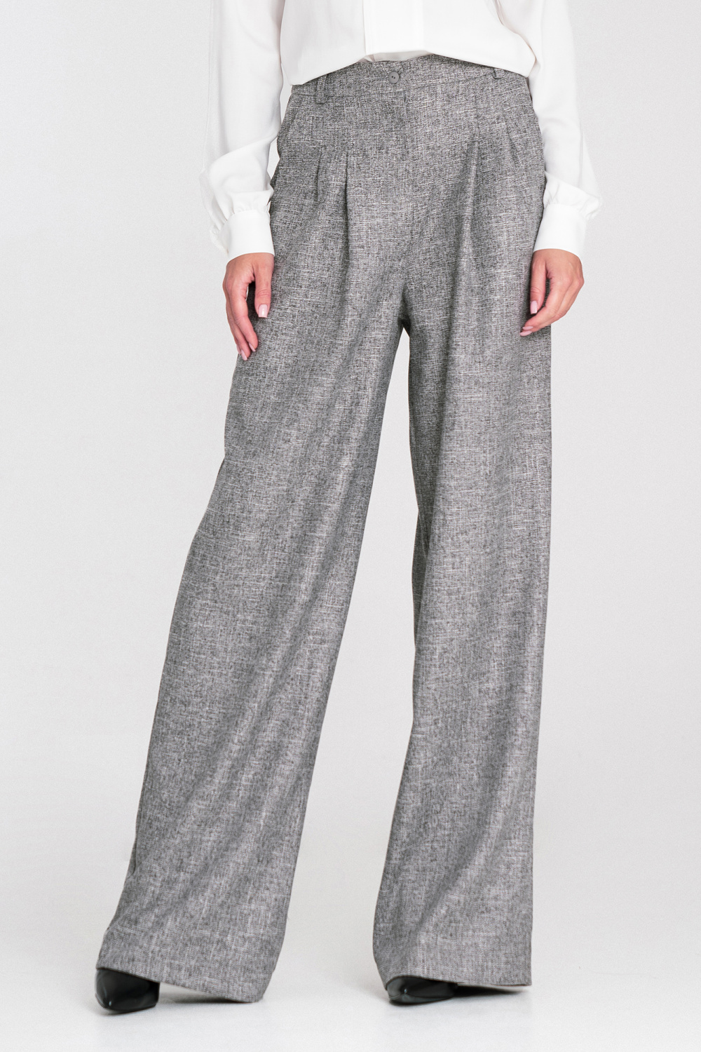 Spodnie z zakładkami wide leg SD116 Grey Melange - Nife217593 - Szary