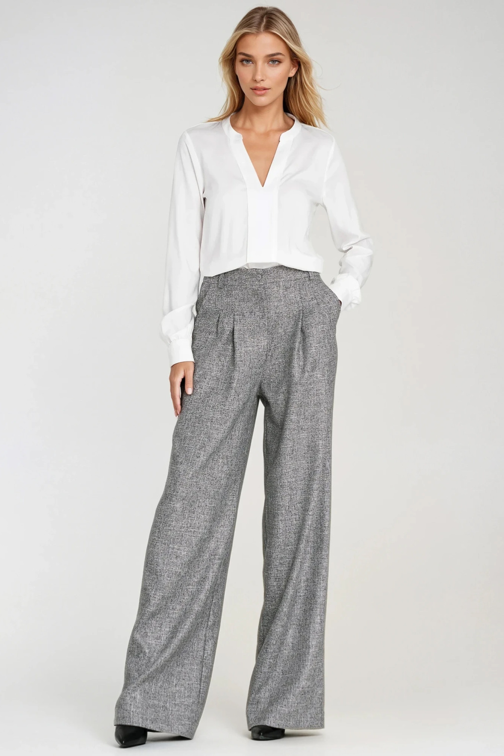 Spodnie z zakładkami wide leg SD116 Grey Melange - Nife217593 - Szary - obrazek 2