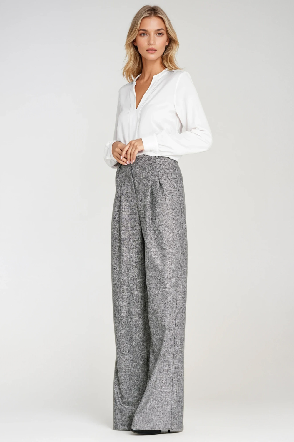 Spodnie z zakładkami wide leg SD116 Grey Melange - Nife217593 - Szary - obrazek 4