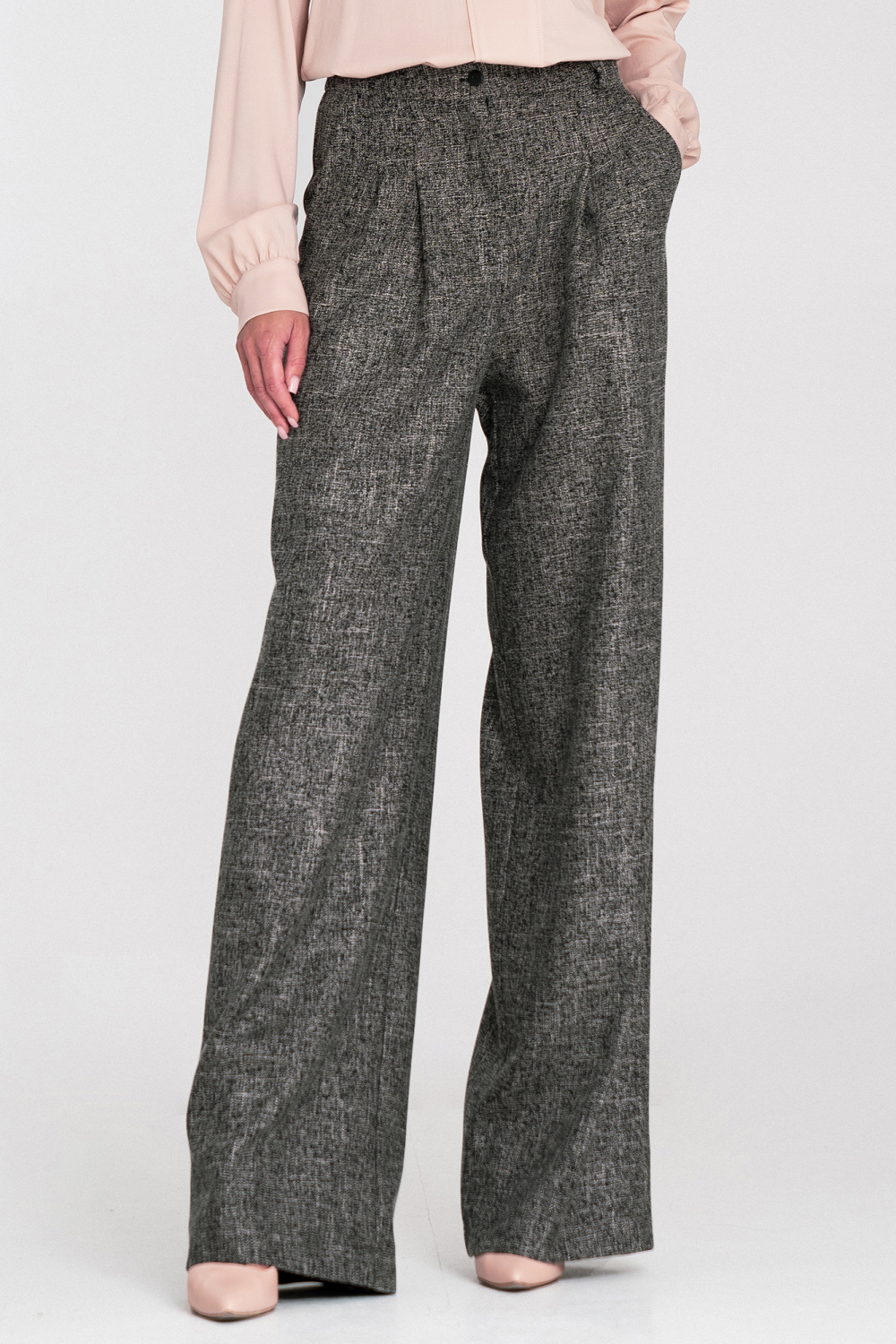 Spodnie z zakładkami wide leg SD116 Black Melange - Nife217594 - Czarny