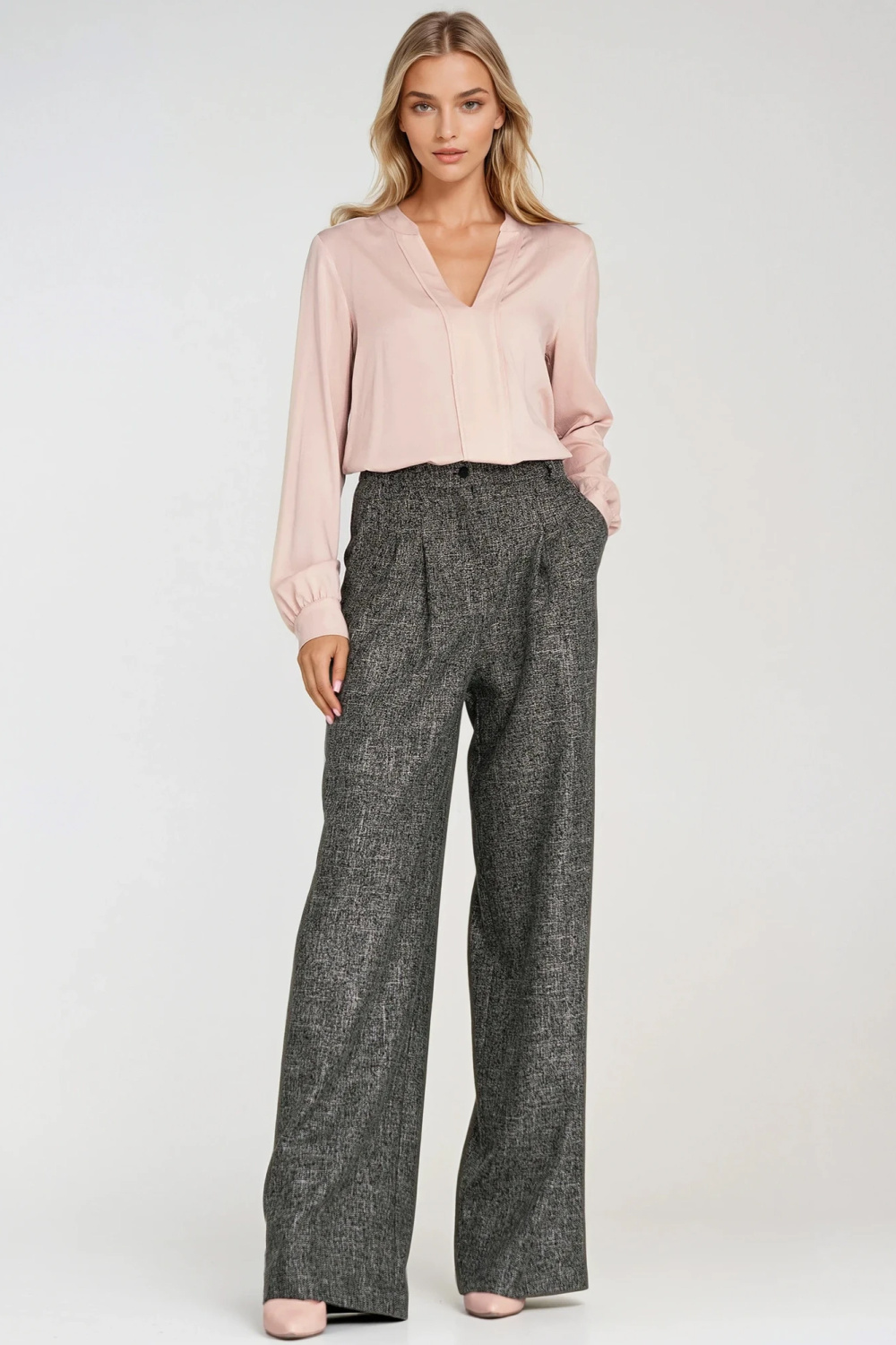 Spodnie z zakładkami wide leg SD116 Black Melange - Nife217594 - Czarny - obrazek 2
