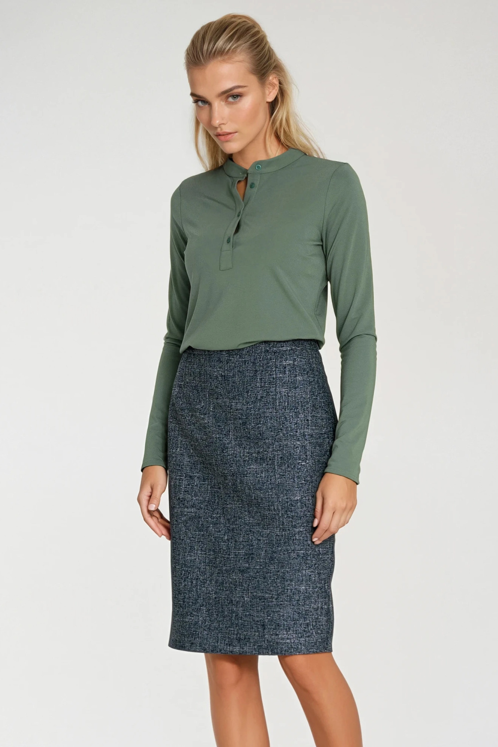 Spódnica Ołówkowa spódnica z dekoracyjnym zamkiem SP85 Navy Melange - Nife218894 - Granatowy