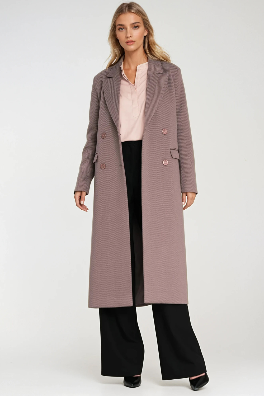 Elegancki płaszcz dwurzędowy PL25 Beige - Nife219782 - Beżowy
