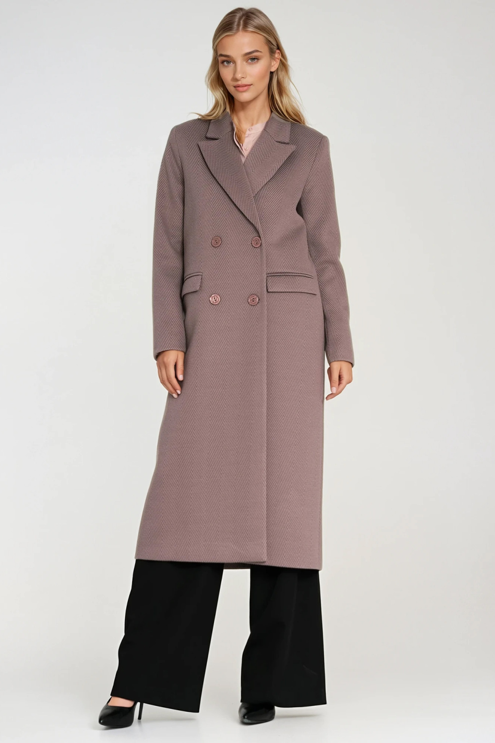 Elegancki płaszcz dwurzędowy PL25 Beige - Nife219782 - Beżowy - obrazek 2