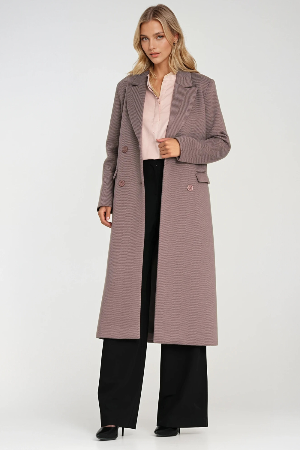 Elegancki płaszcz dwurzędowy PL25 Beige - Nife219782 - Beżowy - obrazek 4