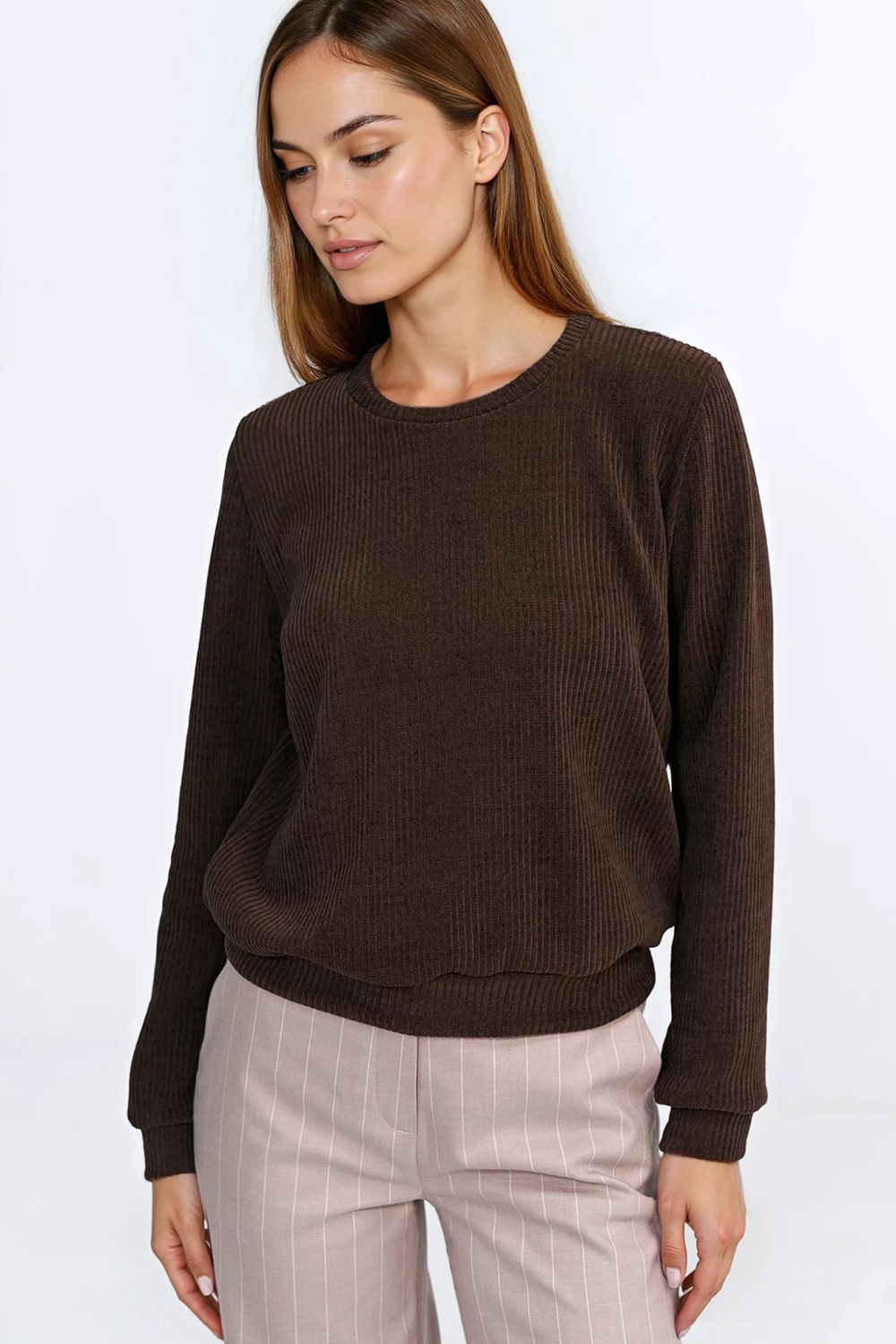 Bluza z dzianiny prążkowanej z długim rękawem BL13 Brown - Nife221723 - Brązowy