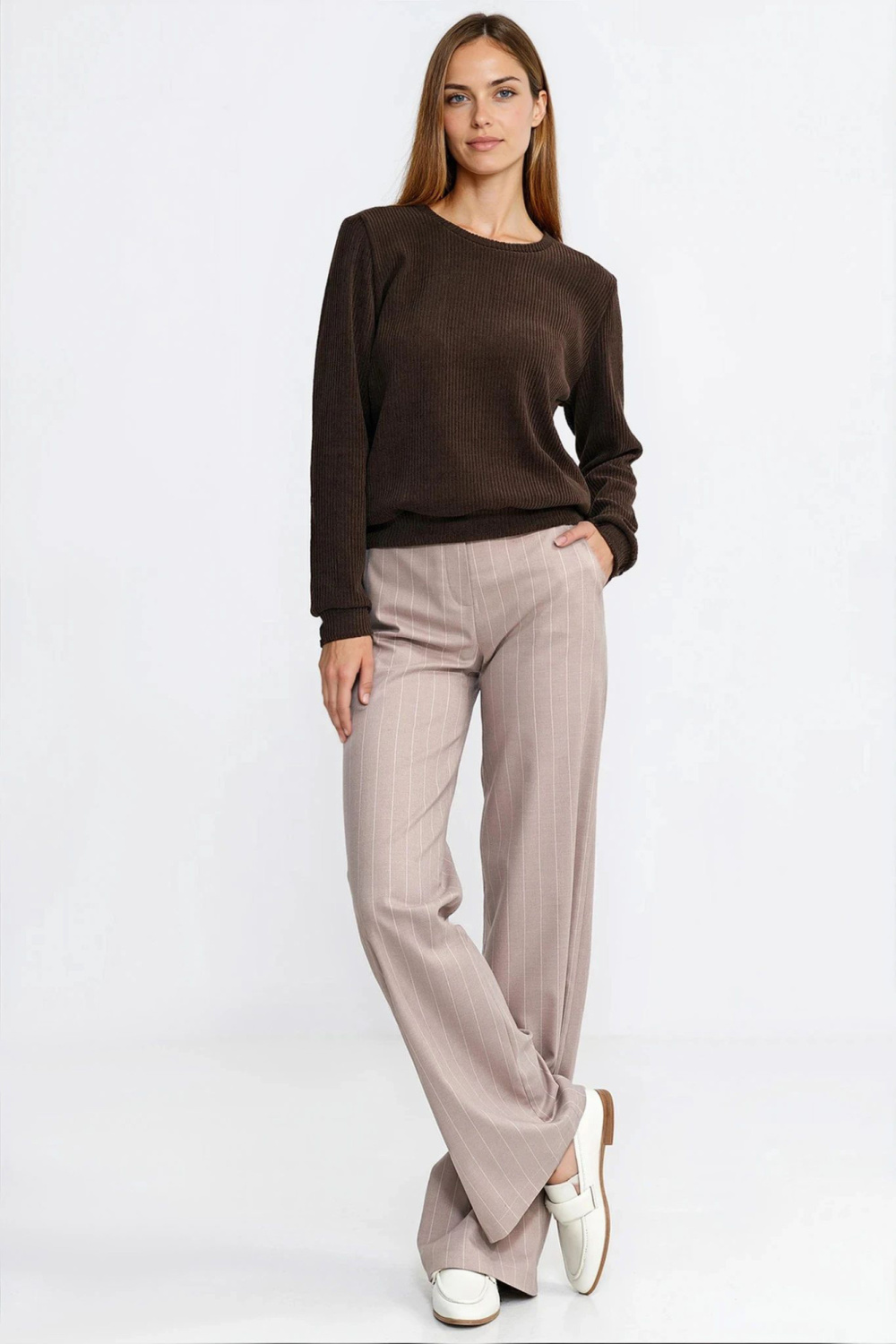 Bluza z dzianiny prążkowanej z długim rękawem BL13 Brown - Nife221723 - Brązowy - obrazek 2