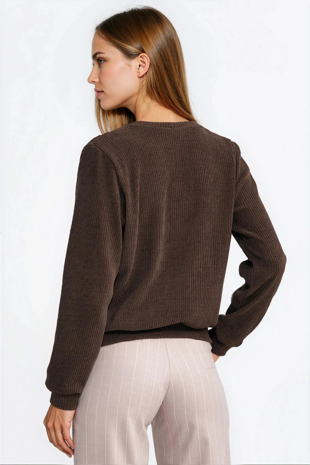 Bluza z dzianiny prążkowanej z długim rękawem BL13 Brown - Nife221723 - Brązowy - obrazek 3