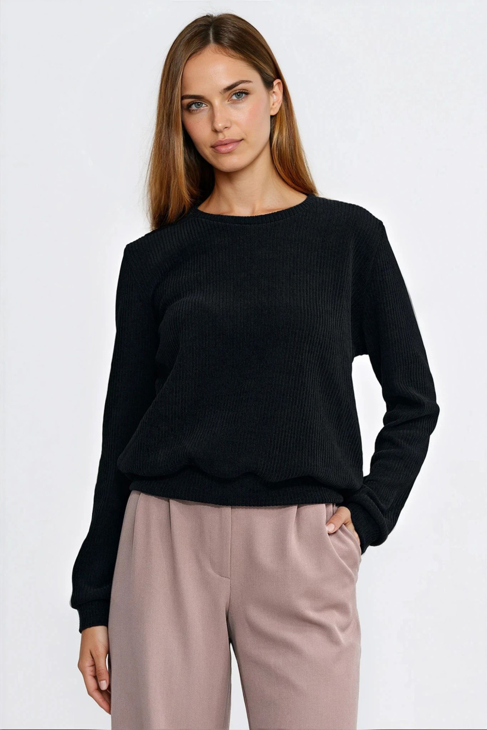 Bluza z dzianiny prążkowanej z długim rękawem BL13 Black - Nife221724 - Czarny