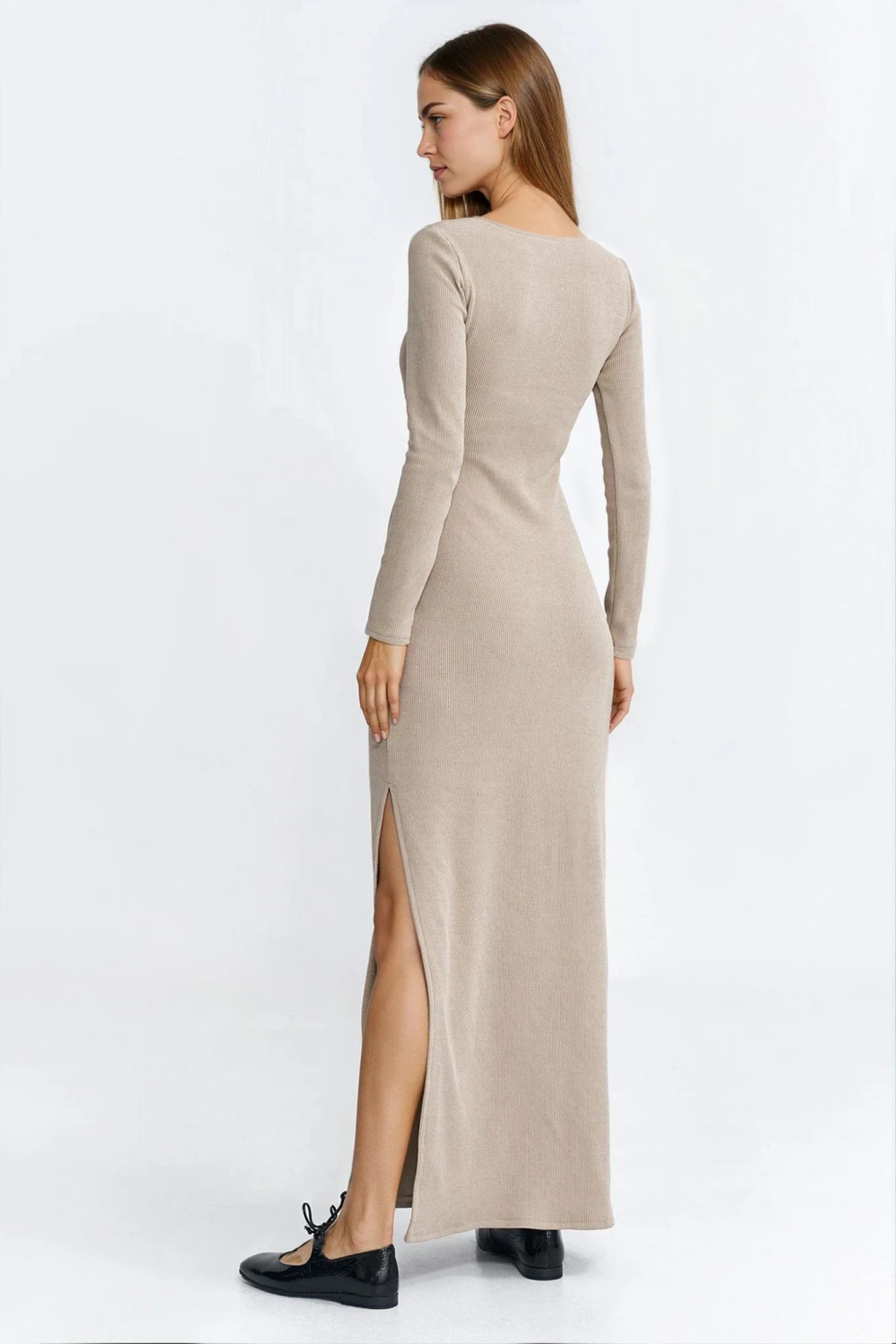 Sukienka maxi z łezką na dekolcie S283 Beige - Nife221725 - Beżowy - obrazek 3