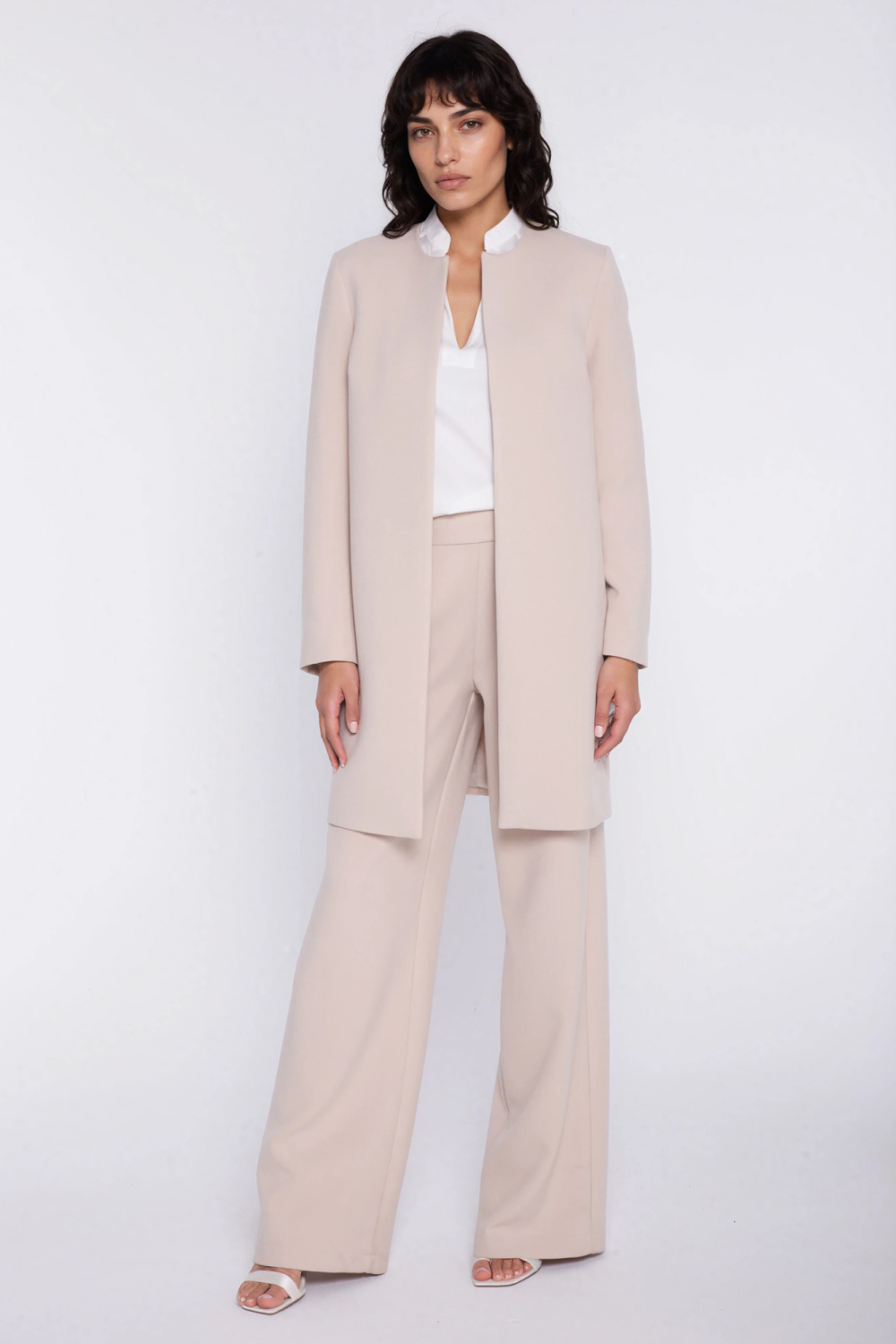 Prosty długi żakiet Z99 Beige - Nife225818 - Beżowy
