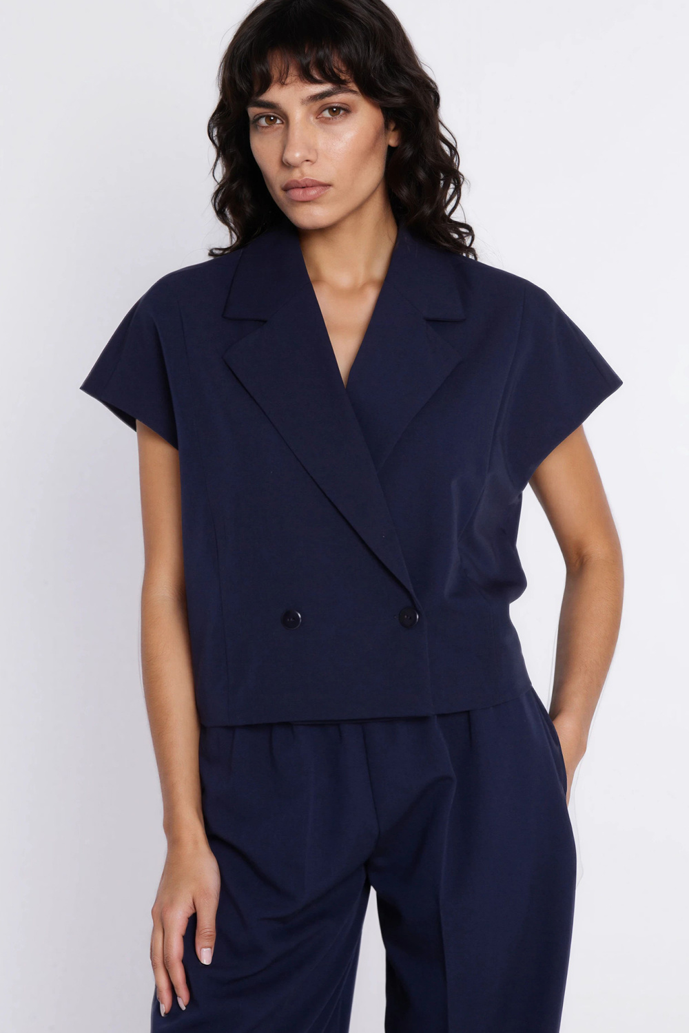 Dwurzędowy krótki żakiet Z96 Navy - Nife226421 - Granatowy