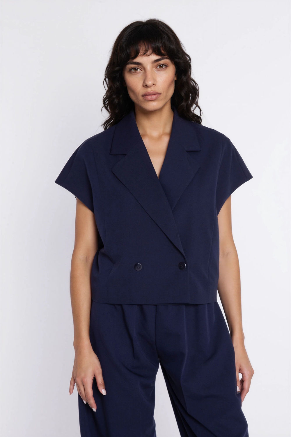 Dwurzędowy krótki żakiet Z96 Navy - Nife226421 - Granatowy - obrazek 2