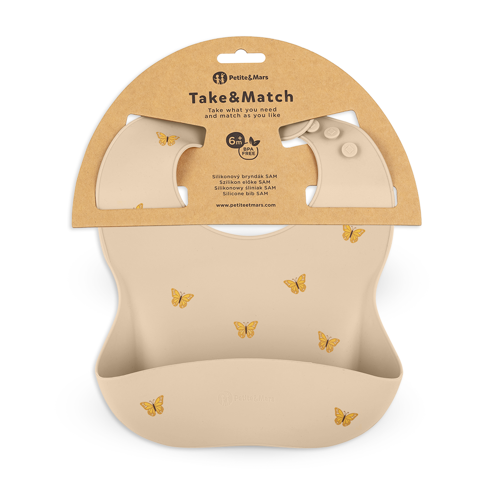PETITE&MARS 706718 Silikonowy śliniak Take &Match Sand Butterflies 6m+