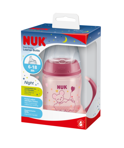NUK ZE-102 Zestaw FC Butelka 150ml z uchwytami NIGHT różowa+ustnik silikonowy niekapek gratis