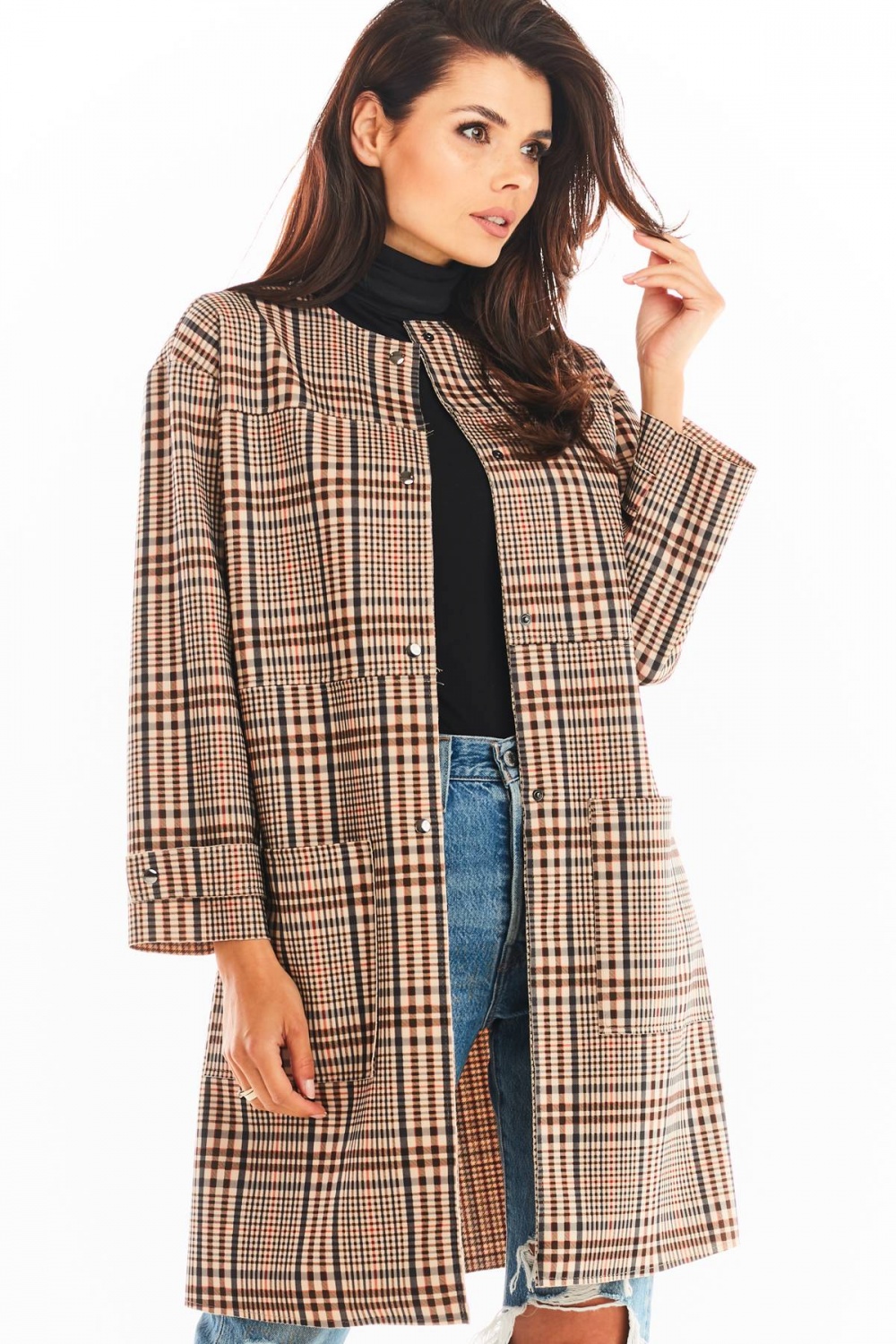 Płaszcz Damski Model A367 Brown Krata - awama148982 - Brązowy