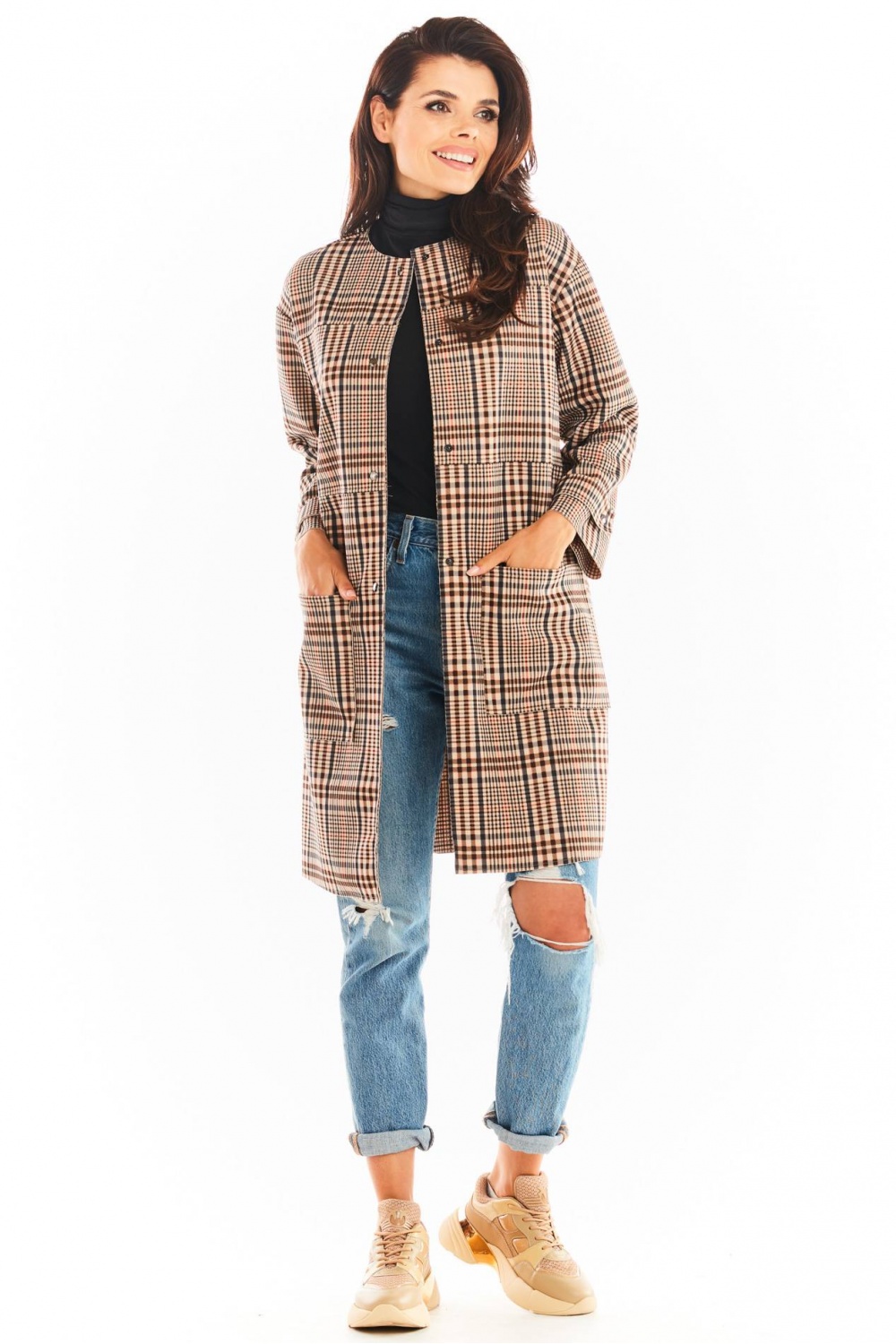 Płaszcz Damski Model A367 Brown Krata - awama148982 - Brązowy - obrazek 2