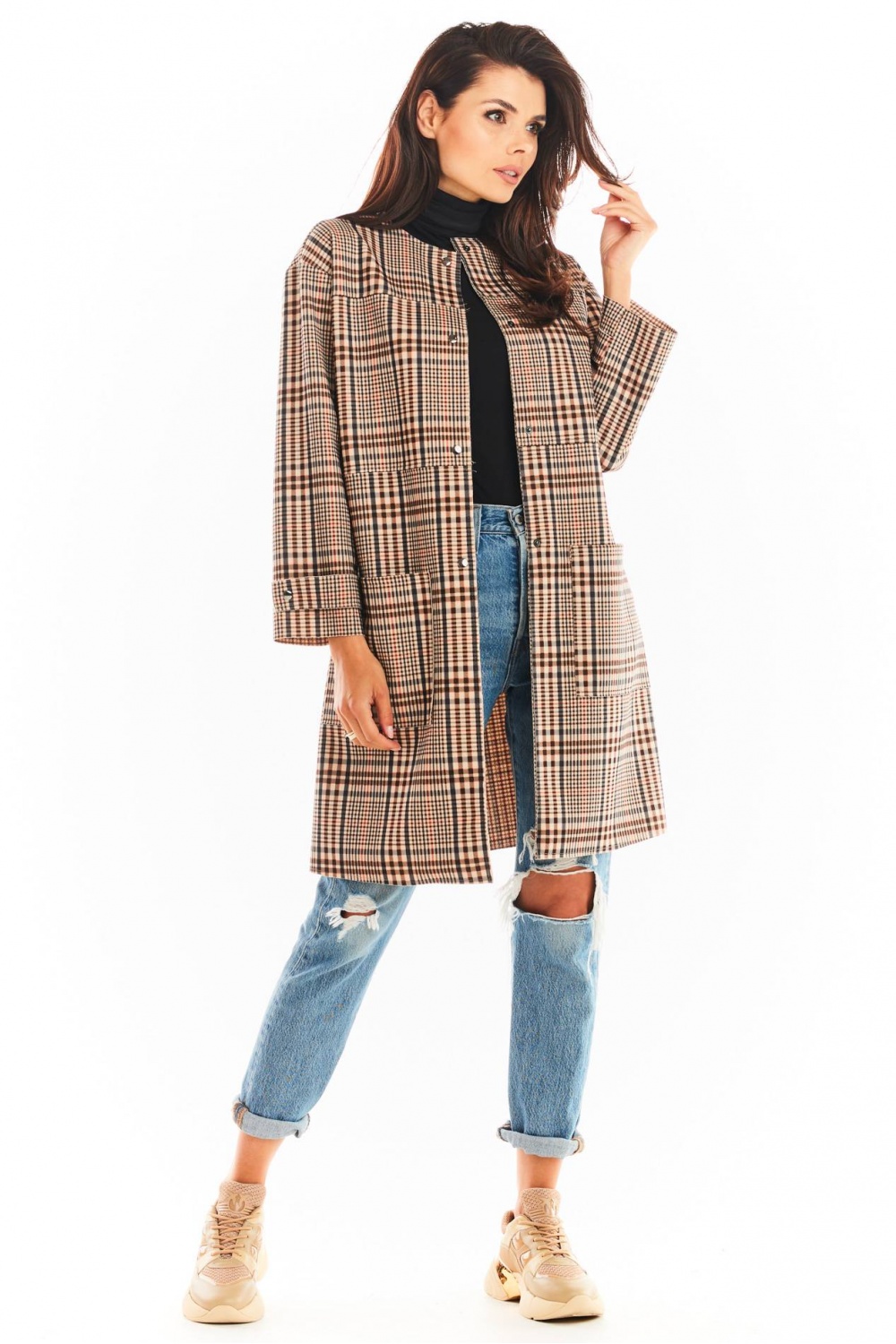 Płaszcz Damski Model A367 Brown Krata - awama148982 - Brązowy - obrazek 4