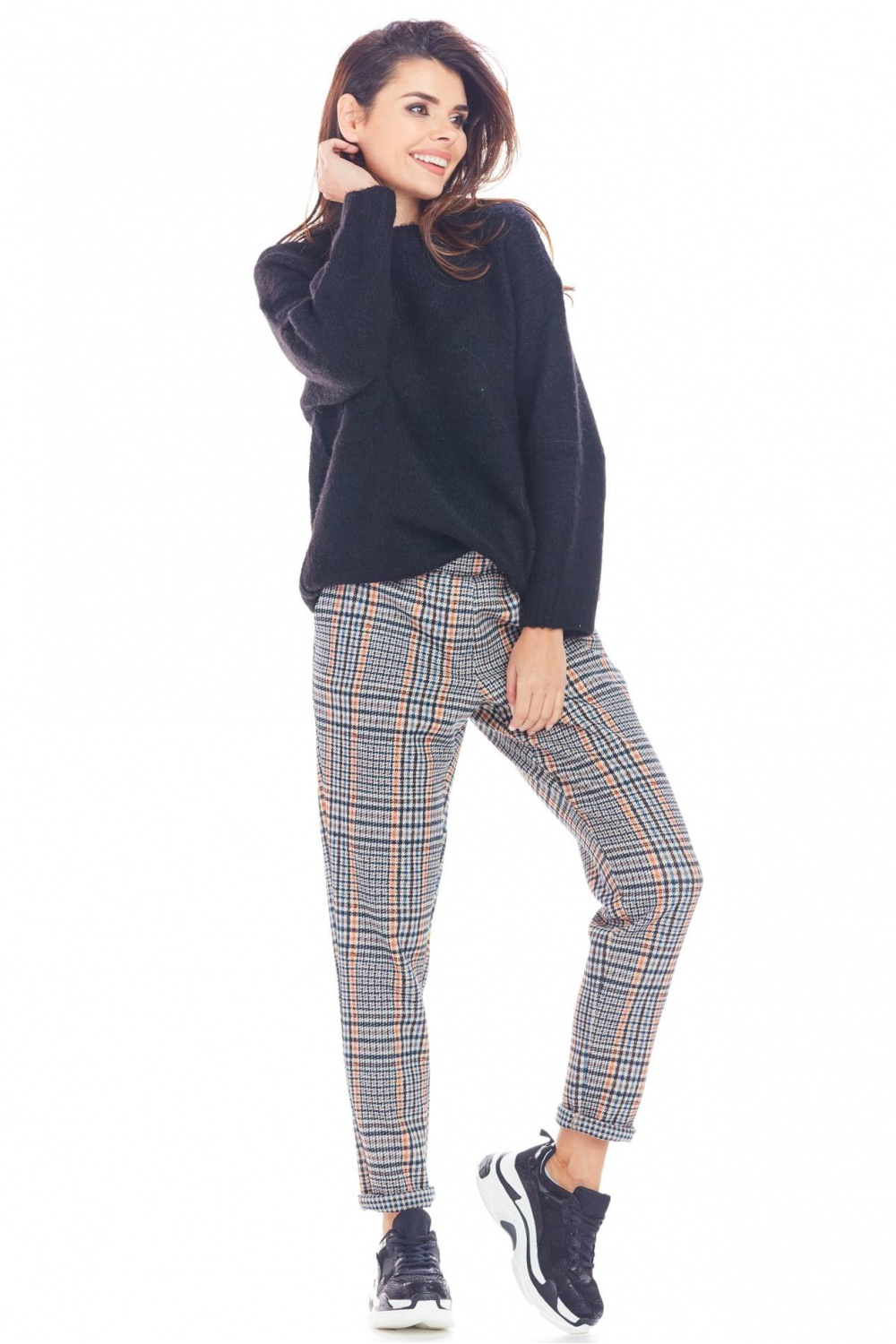 Spodnie Damskie Model A365 Navy Krata - awama148985 - Granatowy