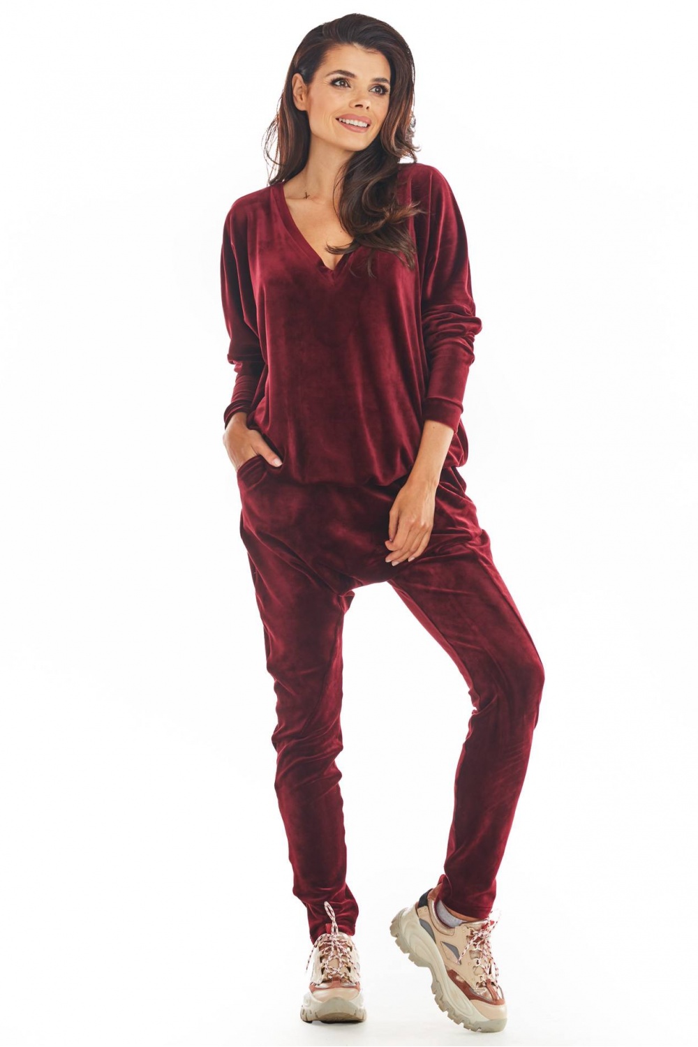 Spodnie Damskie Model A377 Bordo Welur - awama149778 - Czerwony