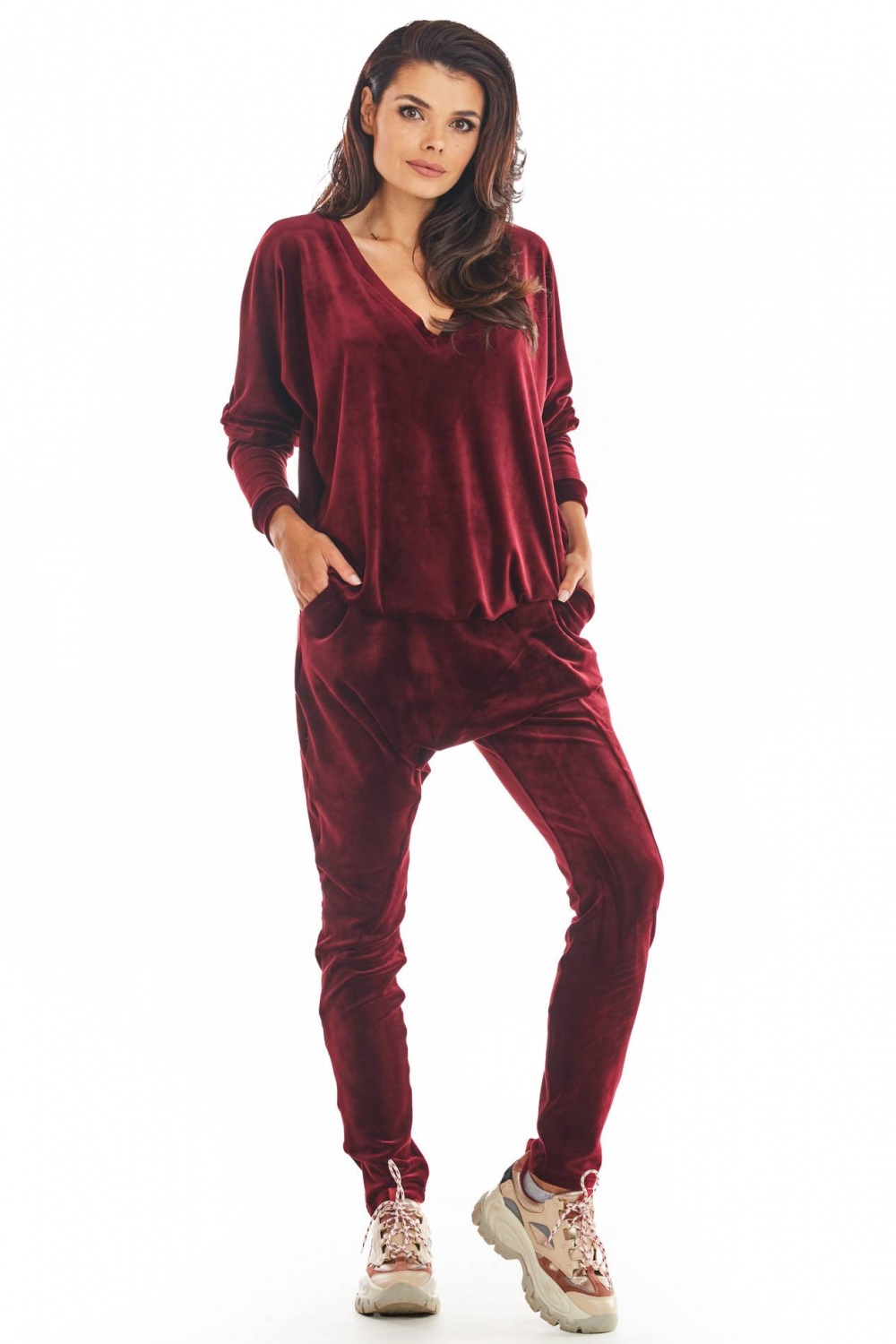 Spodnie Damskie Model A377 Bordo Welur - awama149778 - Czerwony - obrazek 2