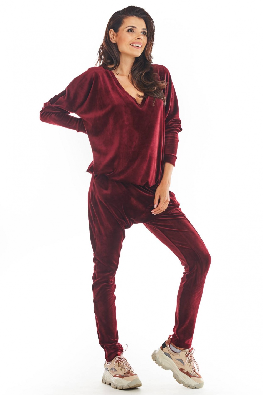Spodnie Damskie Model A377 Bordo Welur - awama149778 - Czerwony - obrazek 4