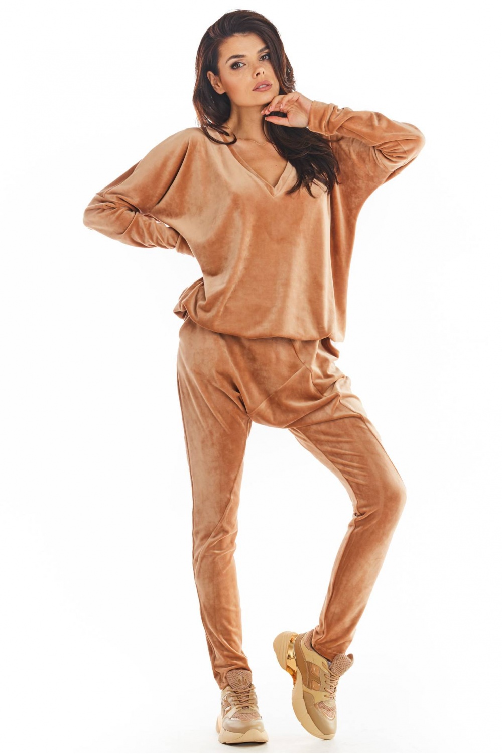 Spodnie Damskie Model A377 Beige Welur - awama149779 - Beżowy