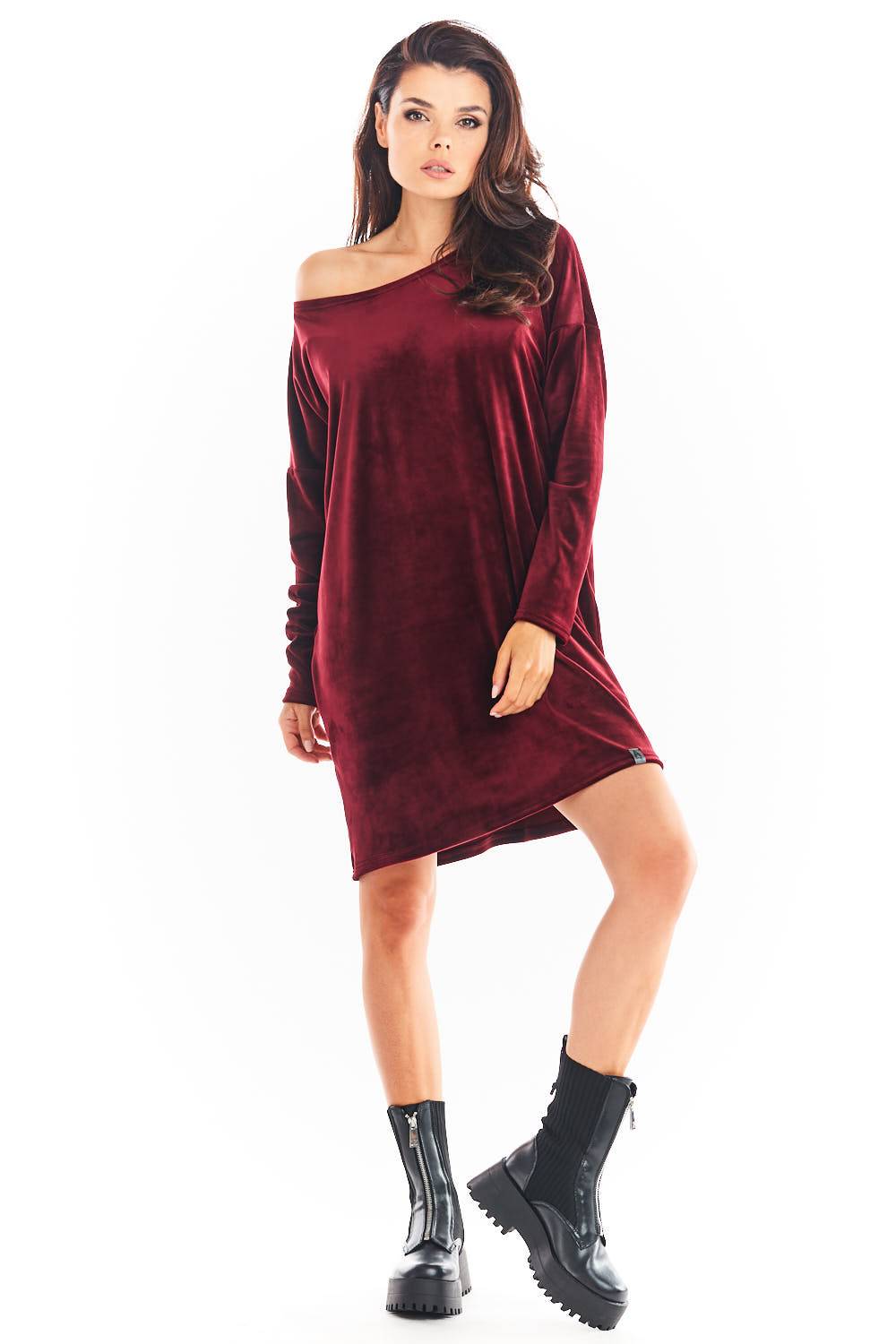 Sukienka Model A370 Bordo Welur - awama149794 - Czerwony - obrazek 2