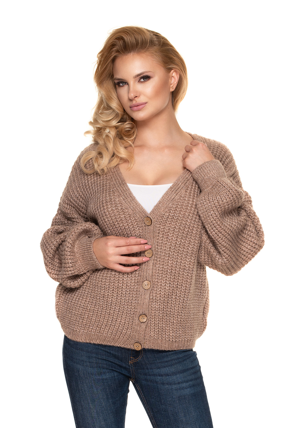 Sweter Kardigan Model 30077 Cappuccino - PeeKaBoo156913 - Beżowy