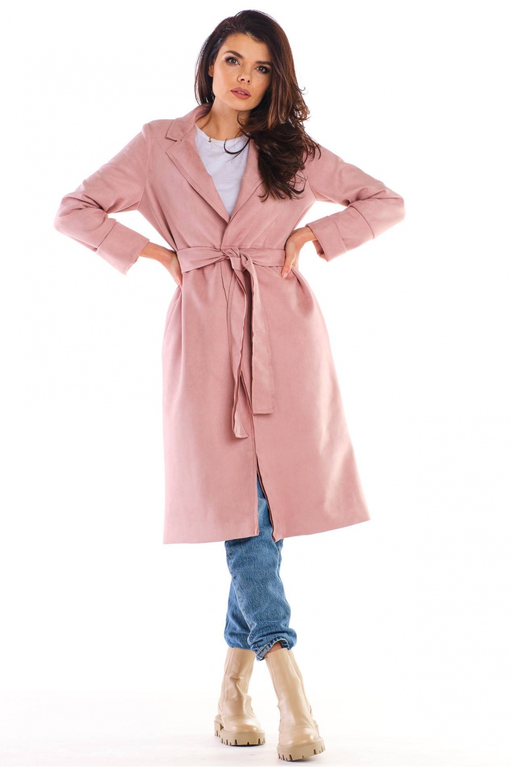 Płaszcz Damski Model A464 Powder Pink - awama158740 - Różowy - obrazek 4