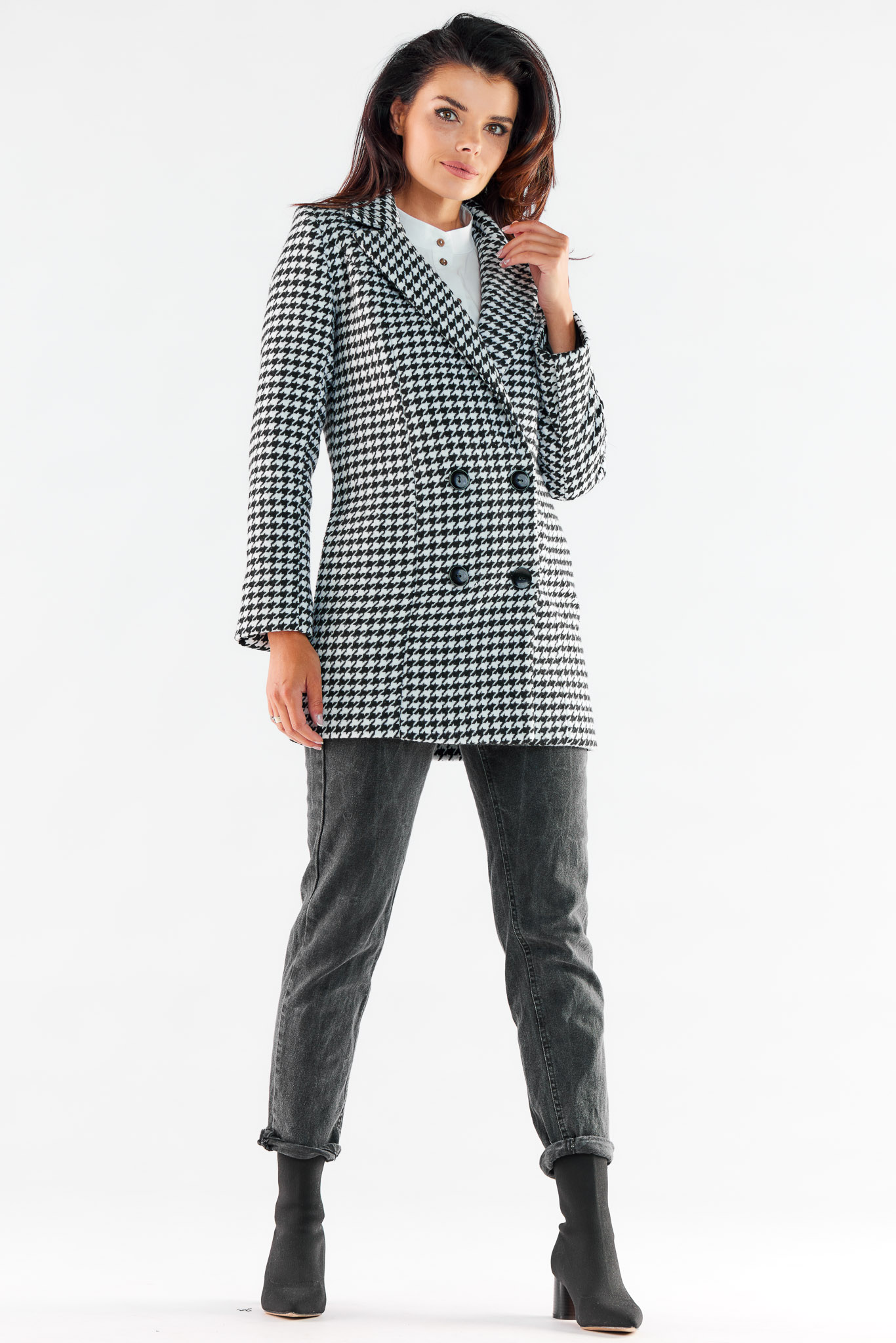Płaszcz Damski Model A546 Houndstooth - awama173857 - Czarny