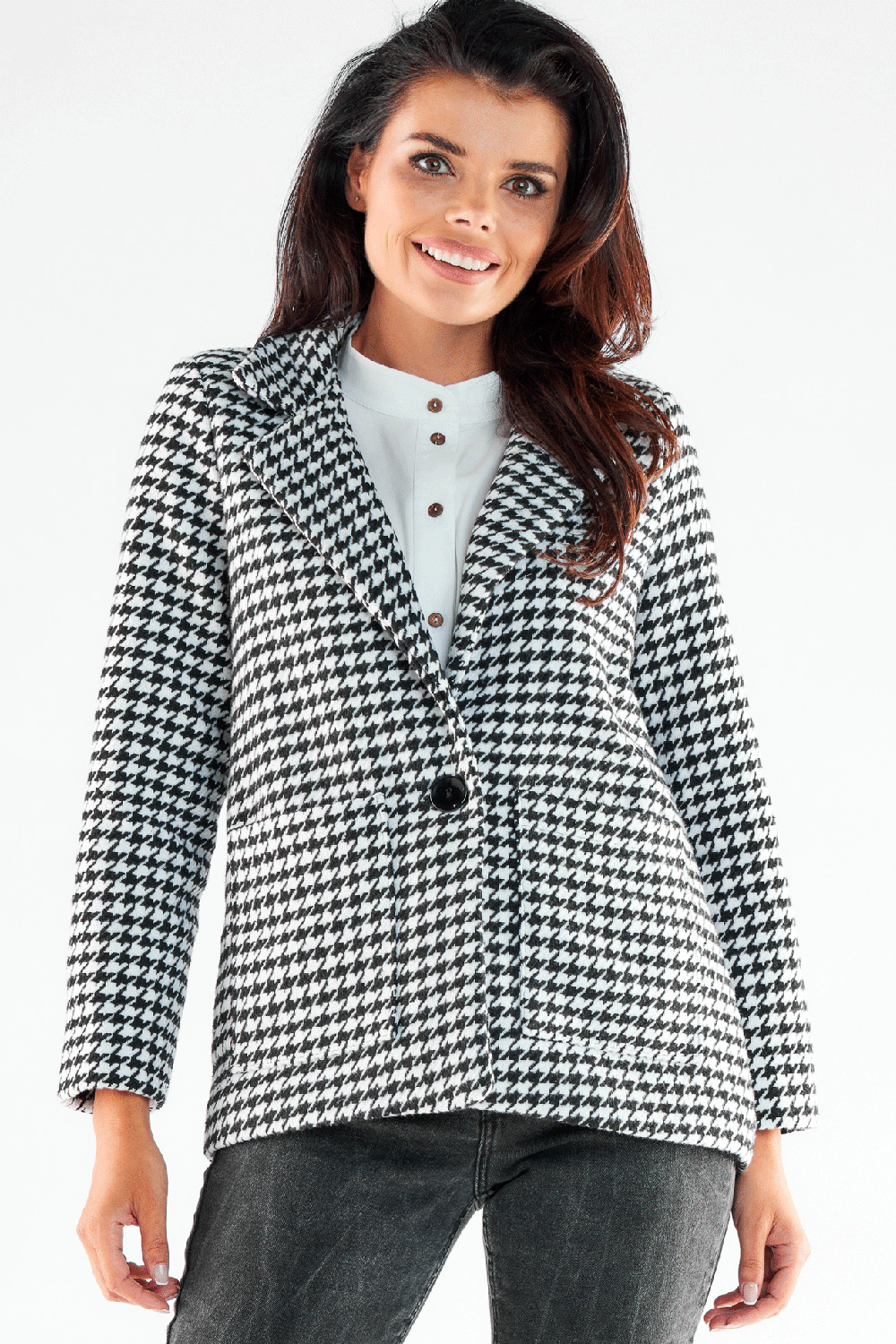 Kurtka Damska Model A545 Houndstooth - awama173863 - Czarny