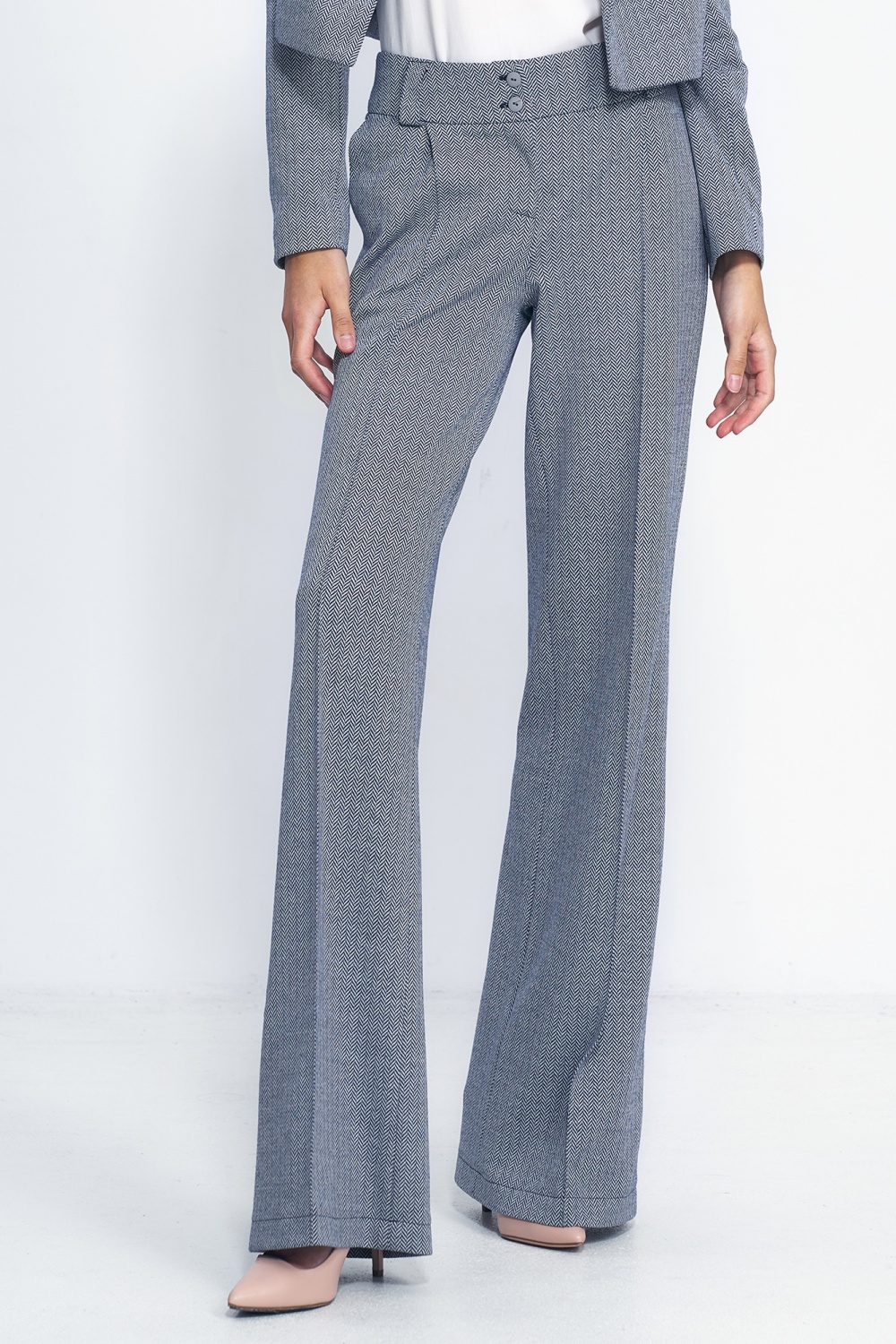 Spodnie wide leg w granatową jodełkę SD82 Navy - Nife185192 - Granatowy